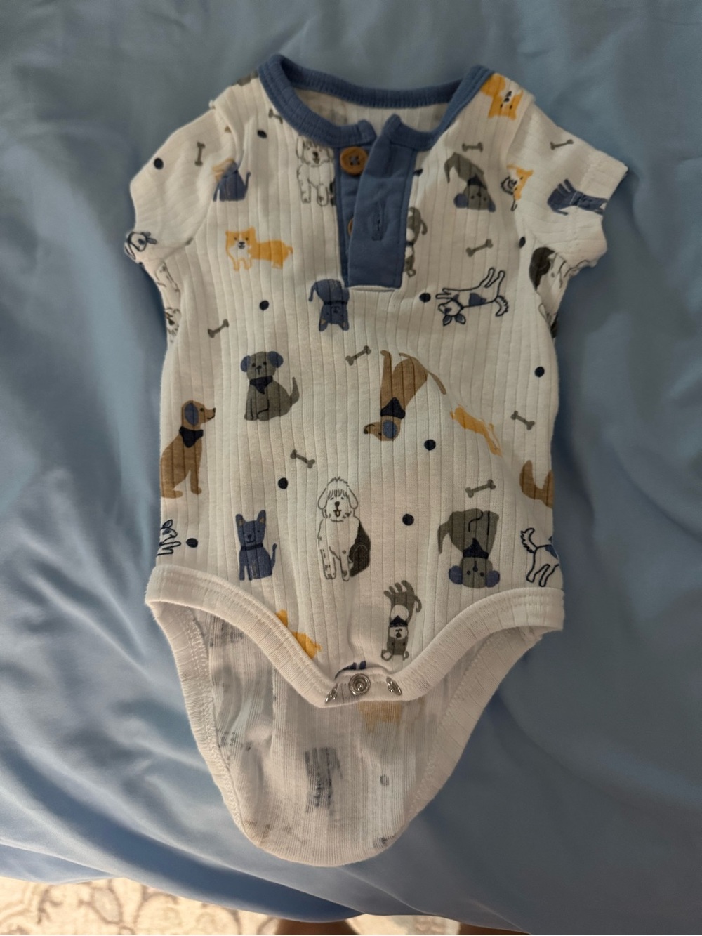 Carter's White Ribbed One-Piece with Blue Trim & Multicolor Puppy Print